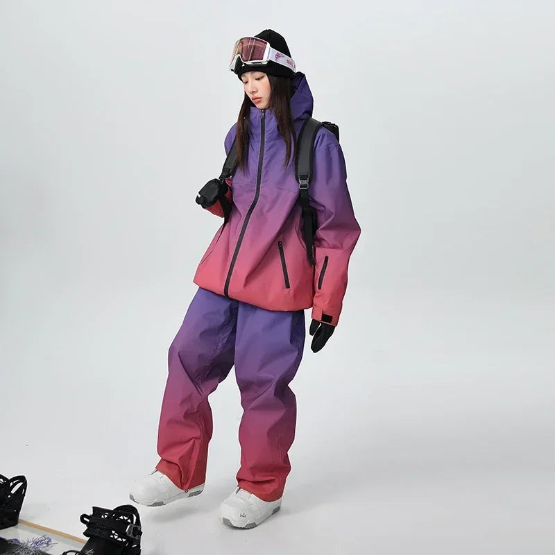 2025 New Winter Warm Outdoor Snow Skiing Suits Hooded Windproof Zipper Waterproof Ski Set Polyester Sport Solid Breathable Suit