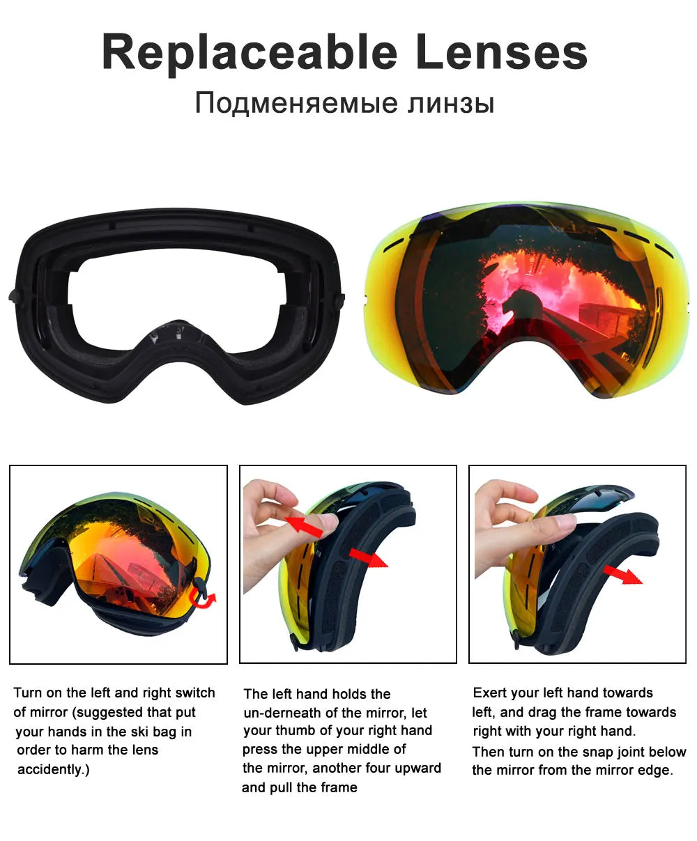 Big UV400 Double Layers Anti-fog Ski Goggles Lens Ski Mask Glasses Skiing Snow Snowboard Eyewear Mirror polarize Goggles for men