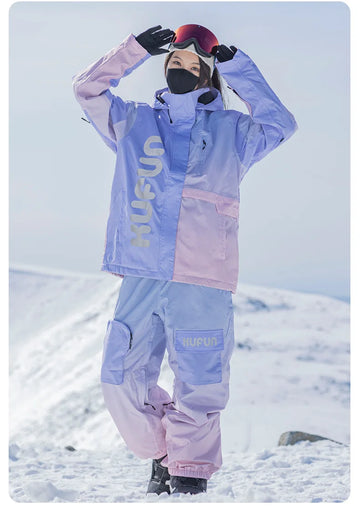Gradient Ski Suit Girl Waterproof  Warm Loose Cotton Clip Snowboard Pink Purple Woman Adult Men Winter Outdoor Jacket Coat Pants