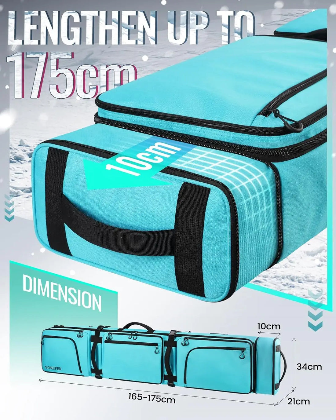 Padded Snowboard Bag with Wheels, Extendable Ski Bags for Air Travel Length up to 175cm, Water Resistant Snowboard Backpack with