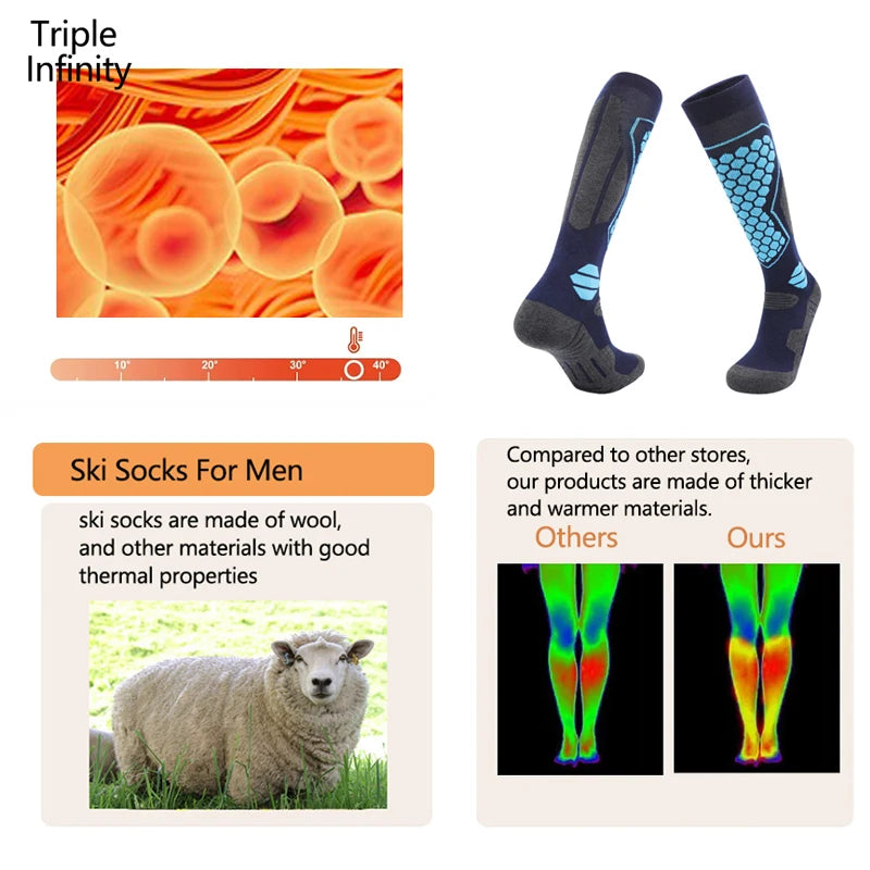 Professional Men Merino Wool Ski Socks Outdoor Sports Hiking Anti-slip Thick Keep Warm Knee High Long Skiing Snowboard Socks