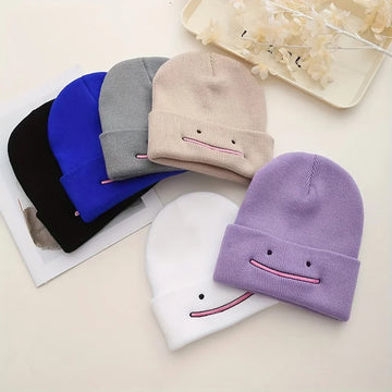 Stretchy and Lightweight Knit Beanie with Embroidered Smiling Design - Perfect Winter Hat for Women