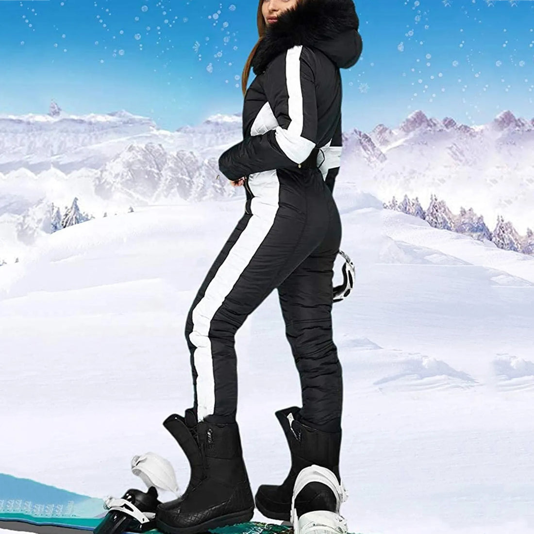 Winter Outdoor Sports Snowboard Thicken Warm Jumpsuit Women Zipper Hooded Parka One Piece Ski Bodysuit with Removable Collar